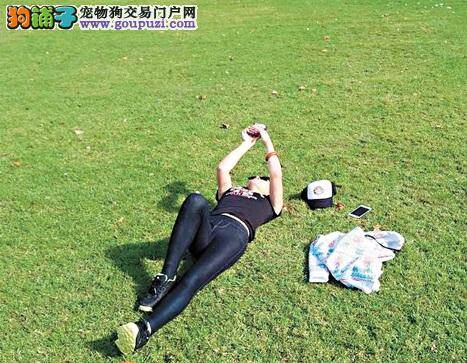 刘晓庆闲躺草地和宠物狗撞睡姿